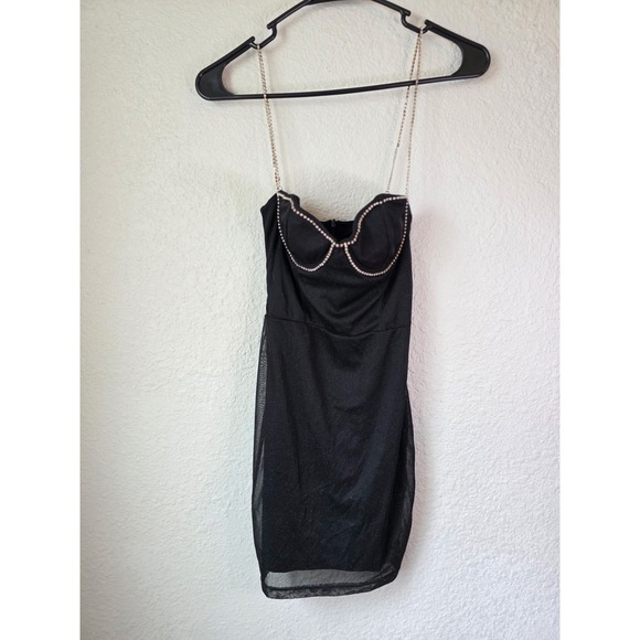 White Fox Boutique Dresses & Skirts - White Fox Boutique Black Mini Dress with Chain Straps and Rhinestone Detail